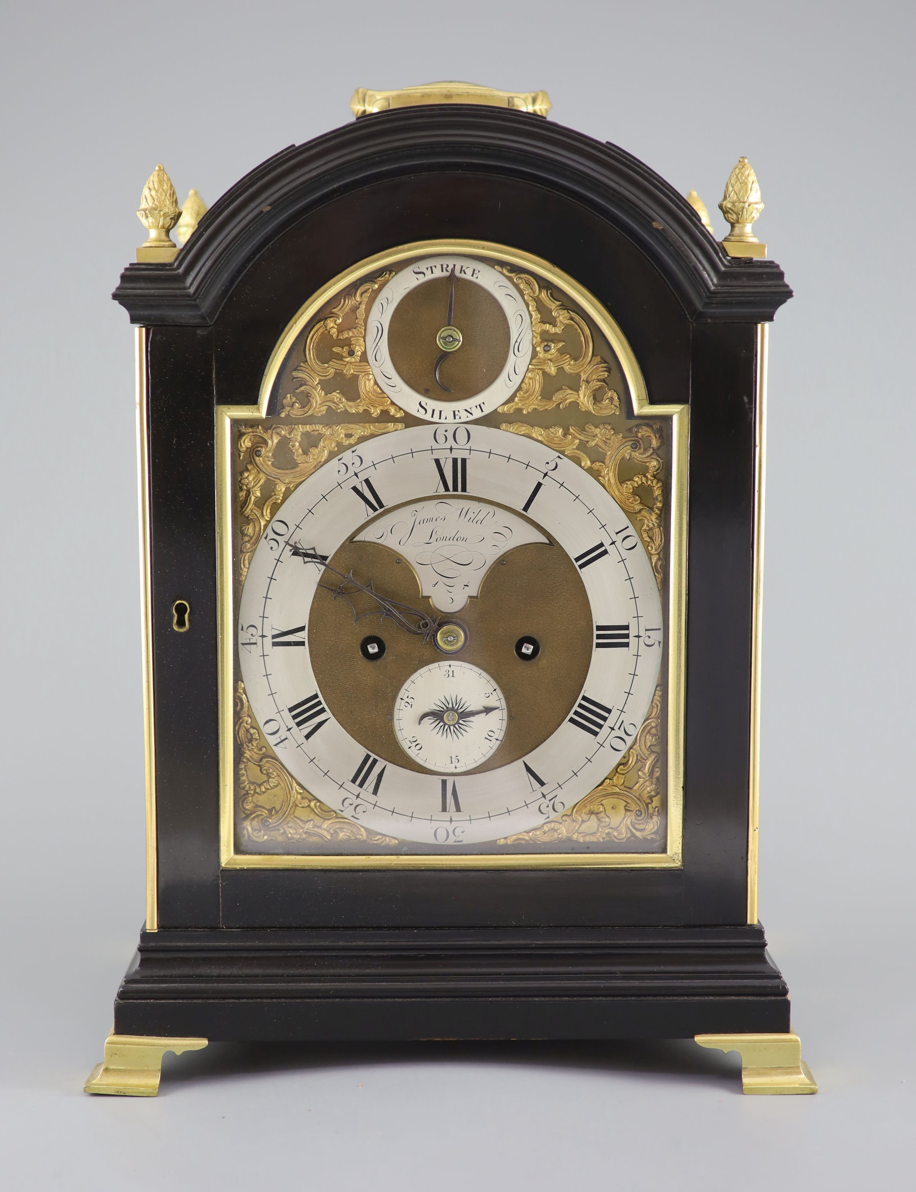 A George III ormolu mounted ebonised bracket clock by James Wild, London, 39cm high.